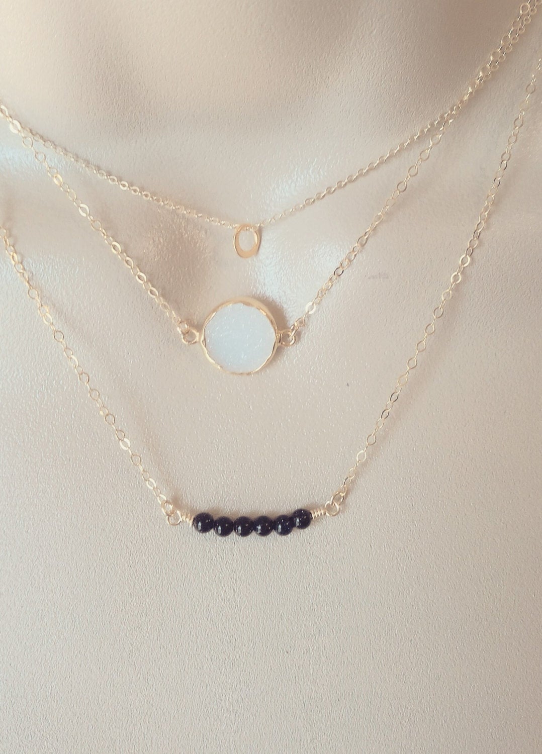 Triple Layered Necklace Set, Layering Necklaces, Eternity Necklace, Gold Druzy Necklace, White Druzy, Black Goldstone Necklace, Valentines