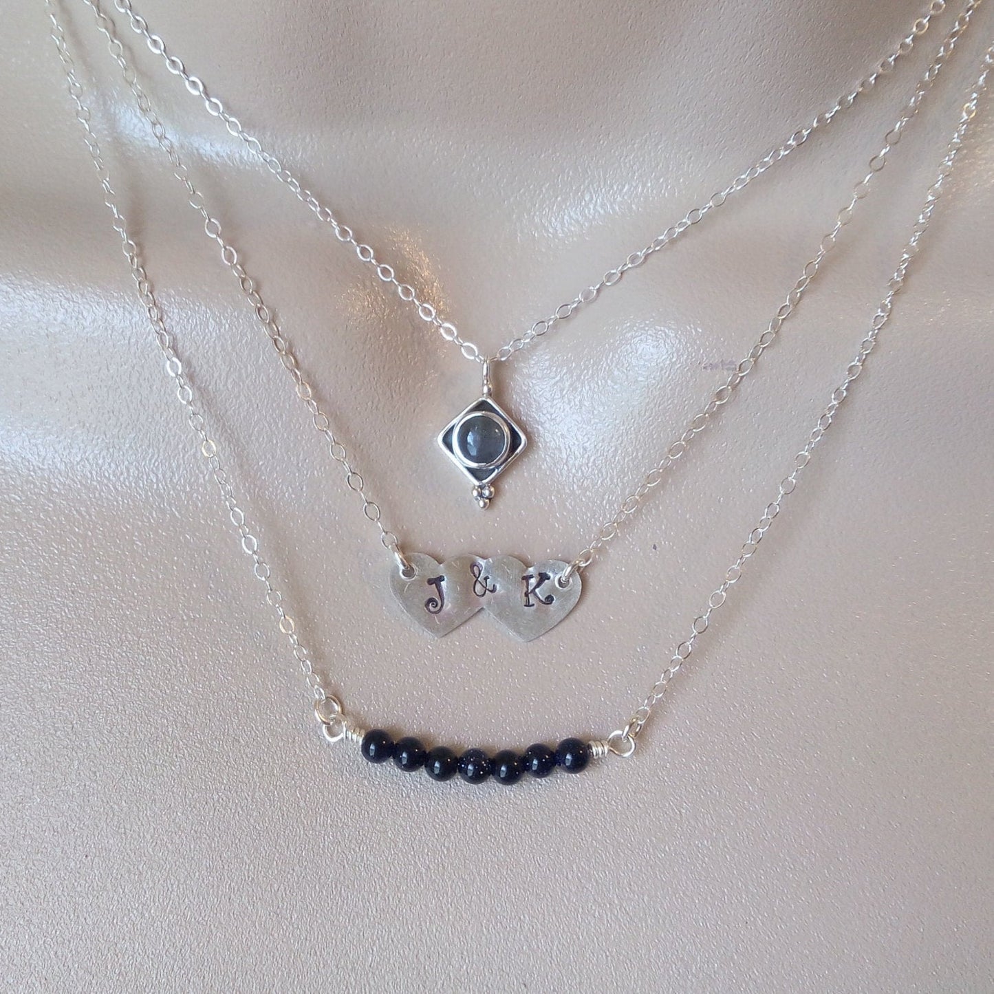 Triple Layered Necklace Set, Layering Necklaces, Labradorite Necklace, Silver Initial Heart Necklace Black Goldstone Necklace,Valentines Day