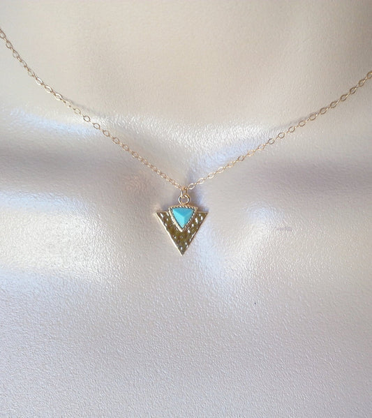 Turquoise Triangle Necklace, Gold Hammered Triangle and Turquoise Necklace, Geometric Necklace, Tiny Necklace, Gold Necklace, Mothers Day