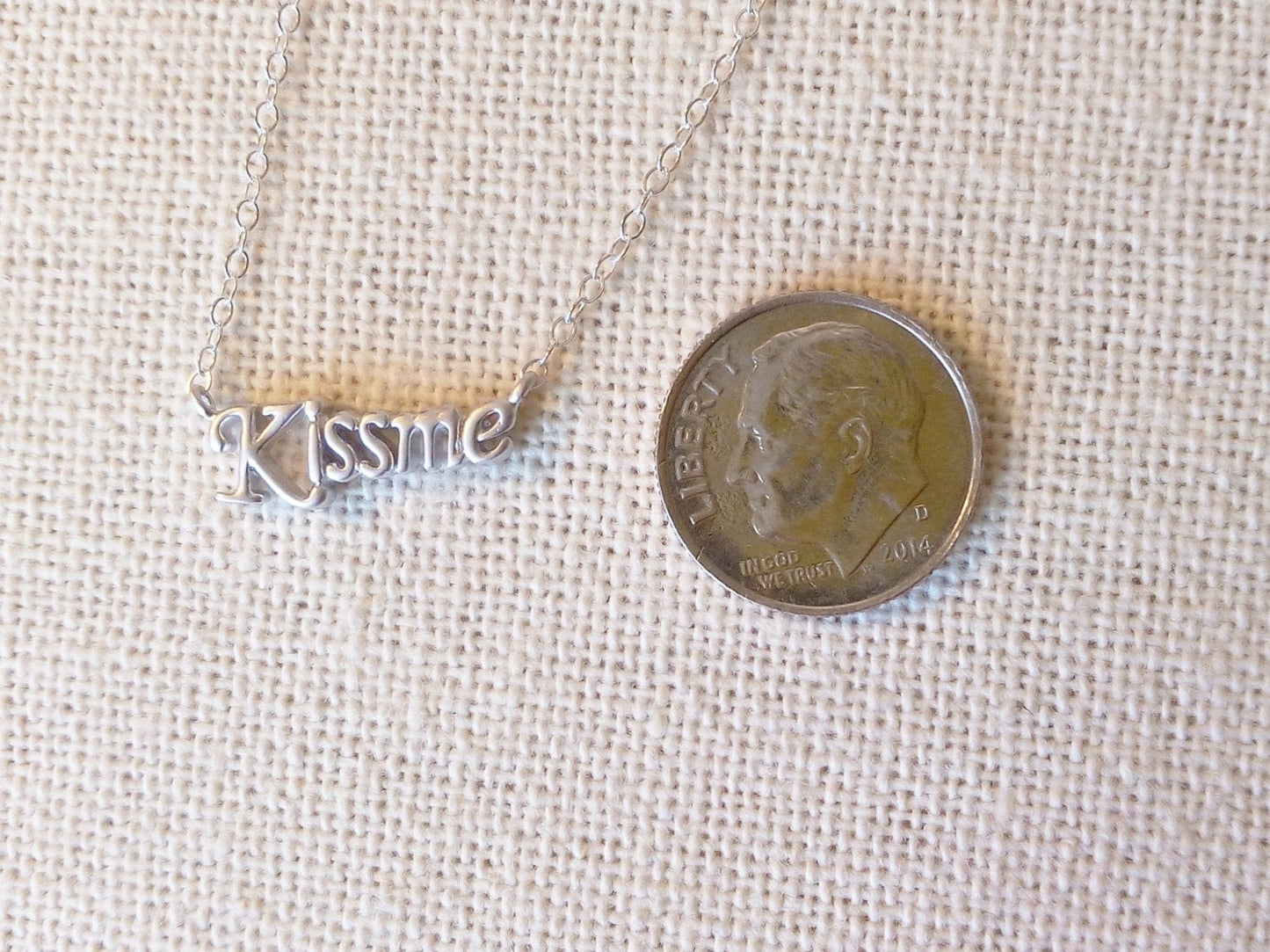 Tiny Cursive Kiss Me Necklace - Silver Kissme Necklace, Sterling Silver Necklace, Word Necklace, Word Jewelry, Valentines Day Gift