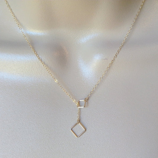 Square Lariat Necklace, Gold Square Lariat Necklace, Tiny Square Lariat, Lariat Necklaces, Bridesmaid Gifts, Layering Necklace, Mothers Day