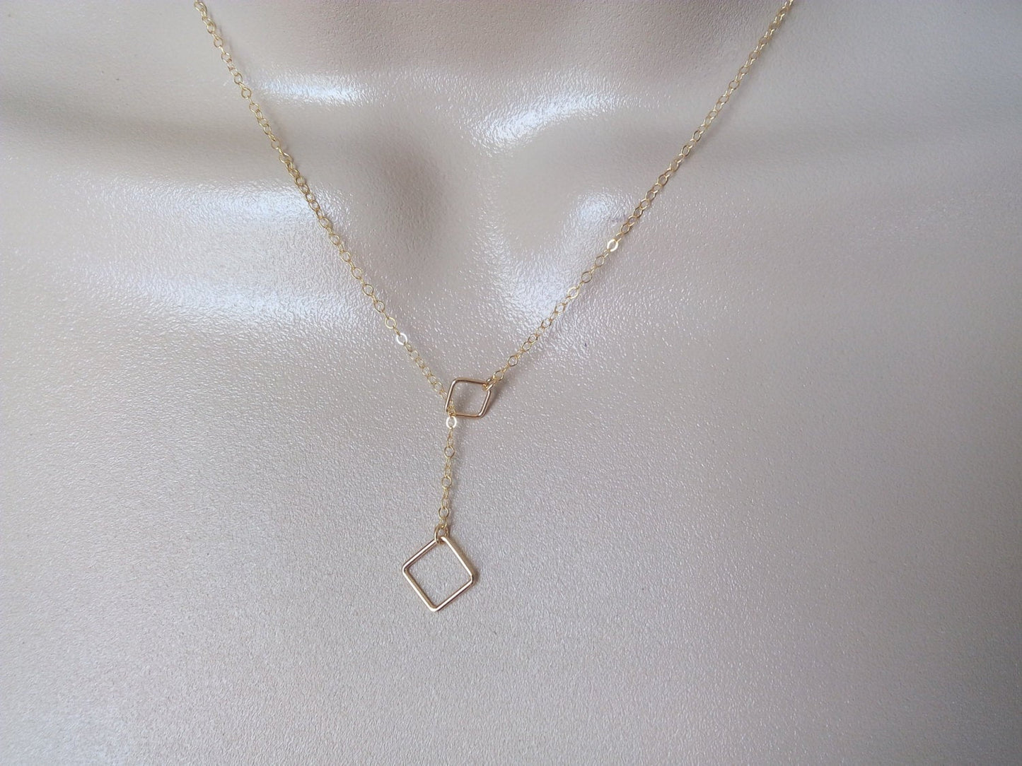 Square Lariat Necklace, Gold Square Lariat Necklace, Tiny Square Lariat, Lariat Necklaces, Bridesmaid Gifts, Layering Necklace, Mothers Day