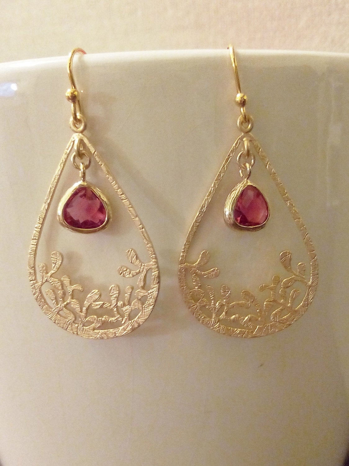 Flower Earrings, Garnet Earrings, Ruby and Gold Chandelier Earrings, Gold Earrings, Red Garnet Ruby, Birthstone Earrings, Bridal Gifts